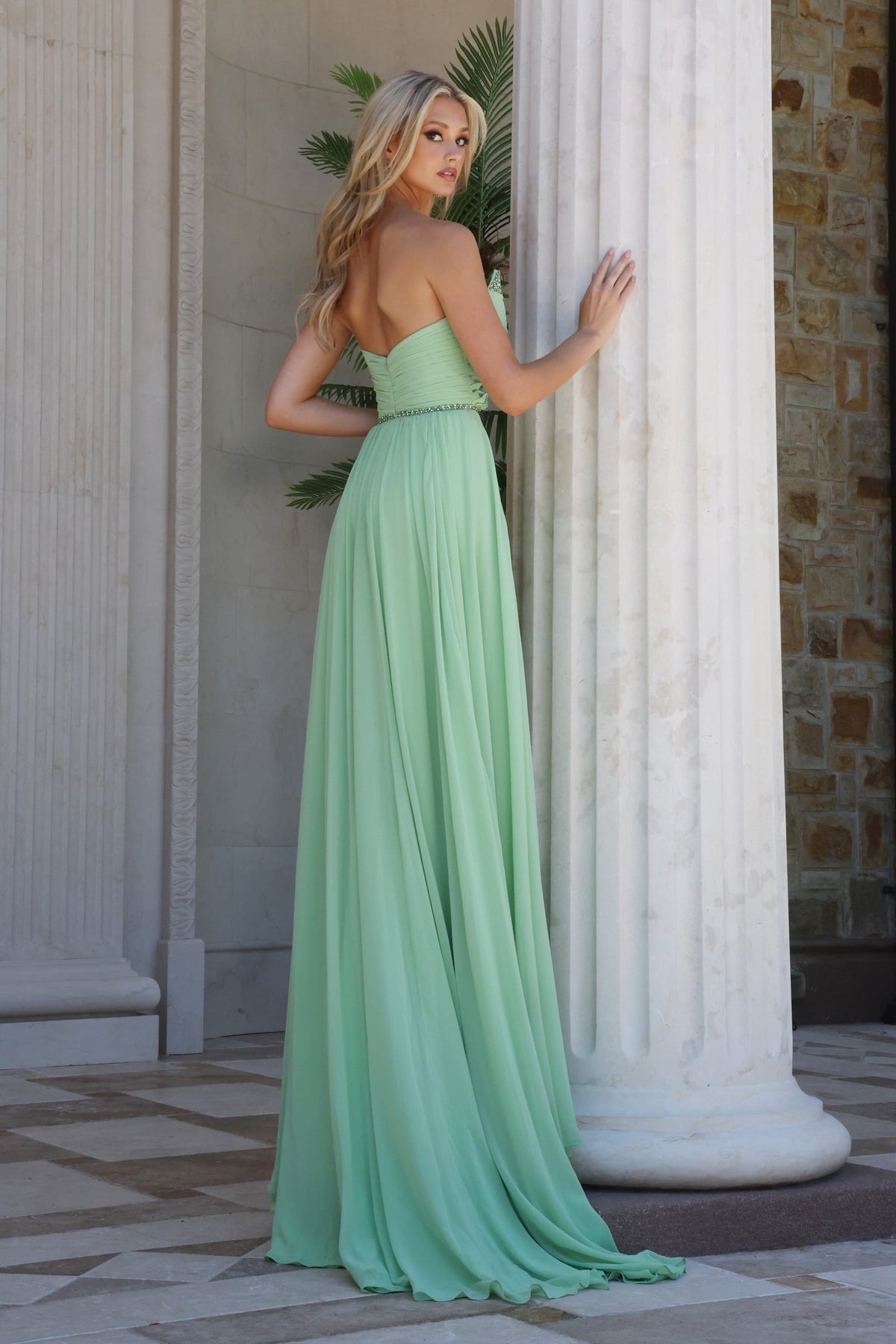 Jovani 49536 Strapless Chiffon A-Line Gown with Crystal Detail