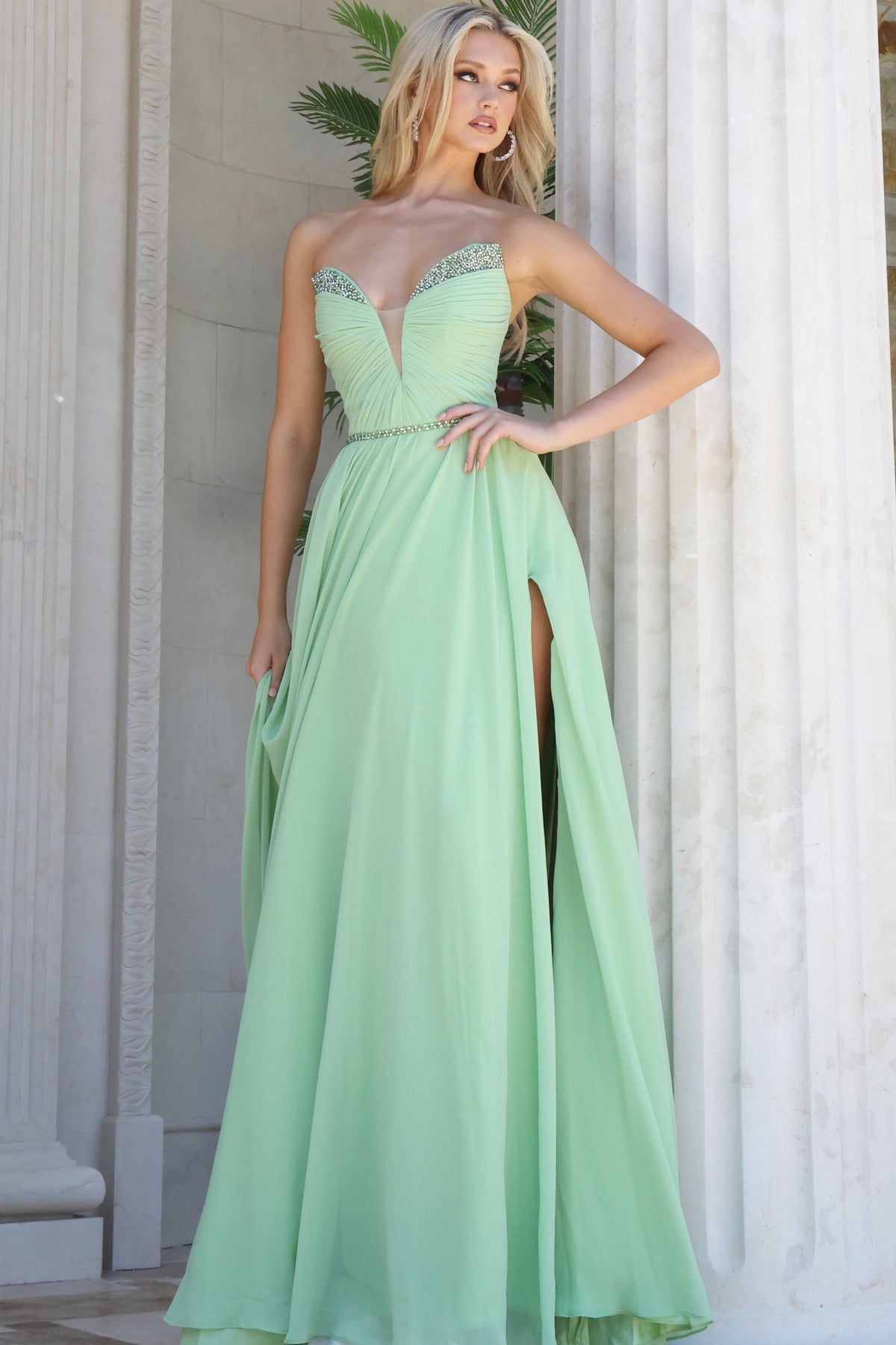 Jovani 49536 Strapless Chiffon A-Line Gown with Crystal Detail