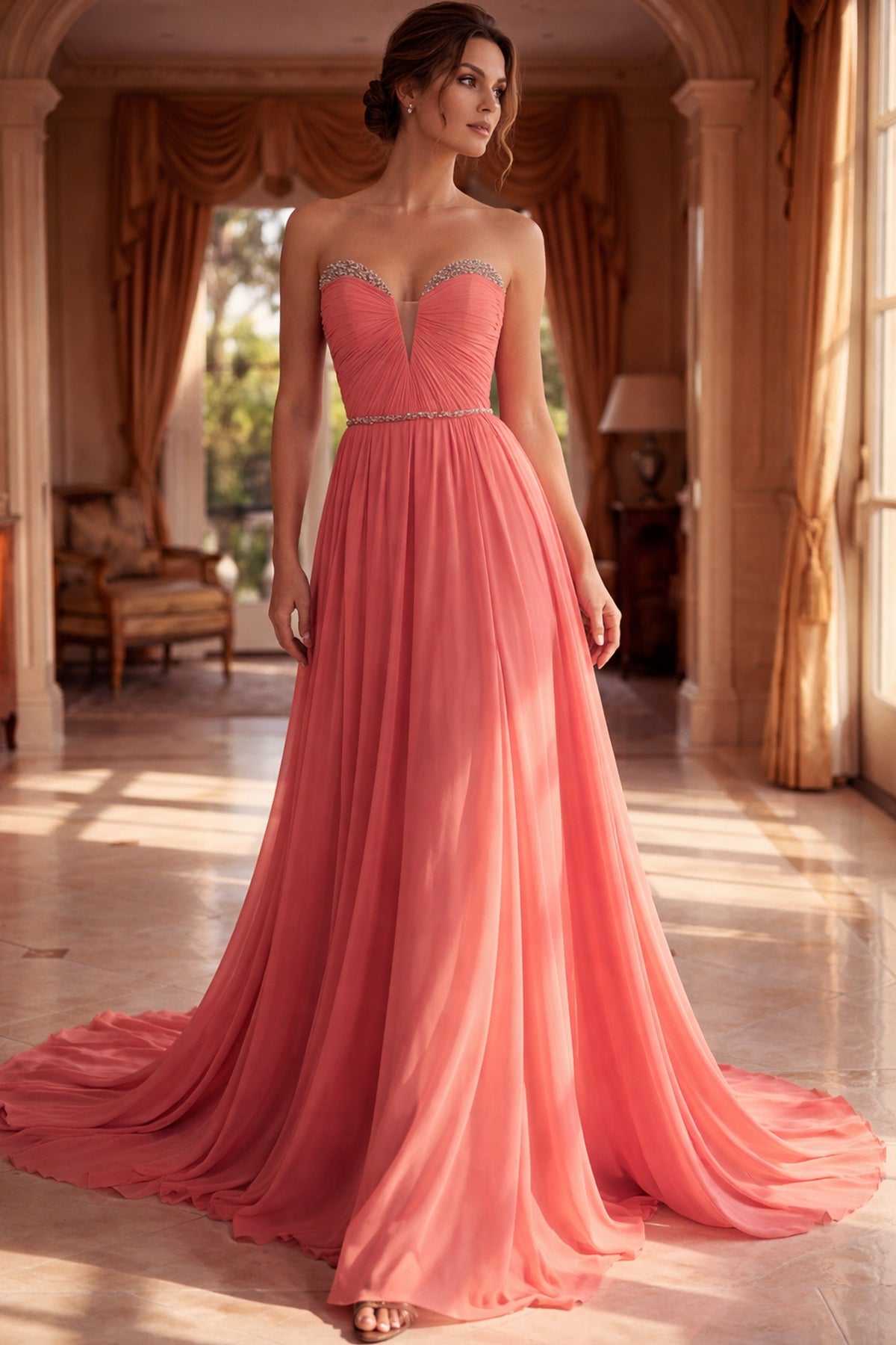 Jovani 49536 Strapless Chiffon A-Line Gown with Crystal Detail