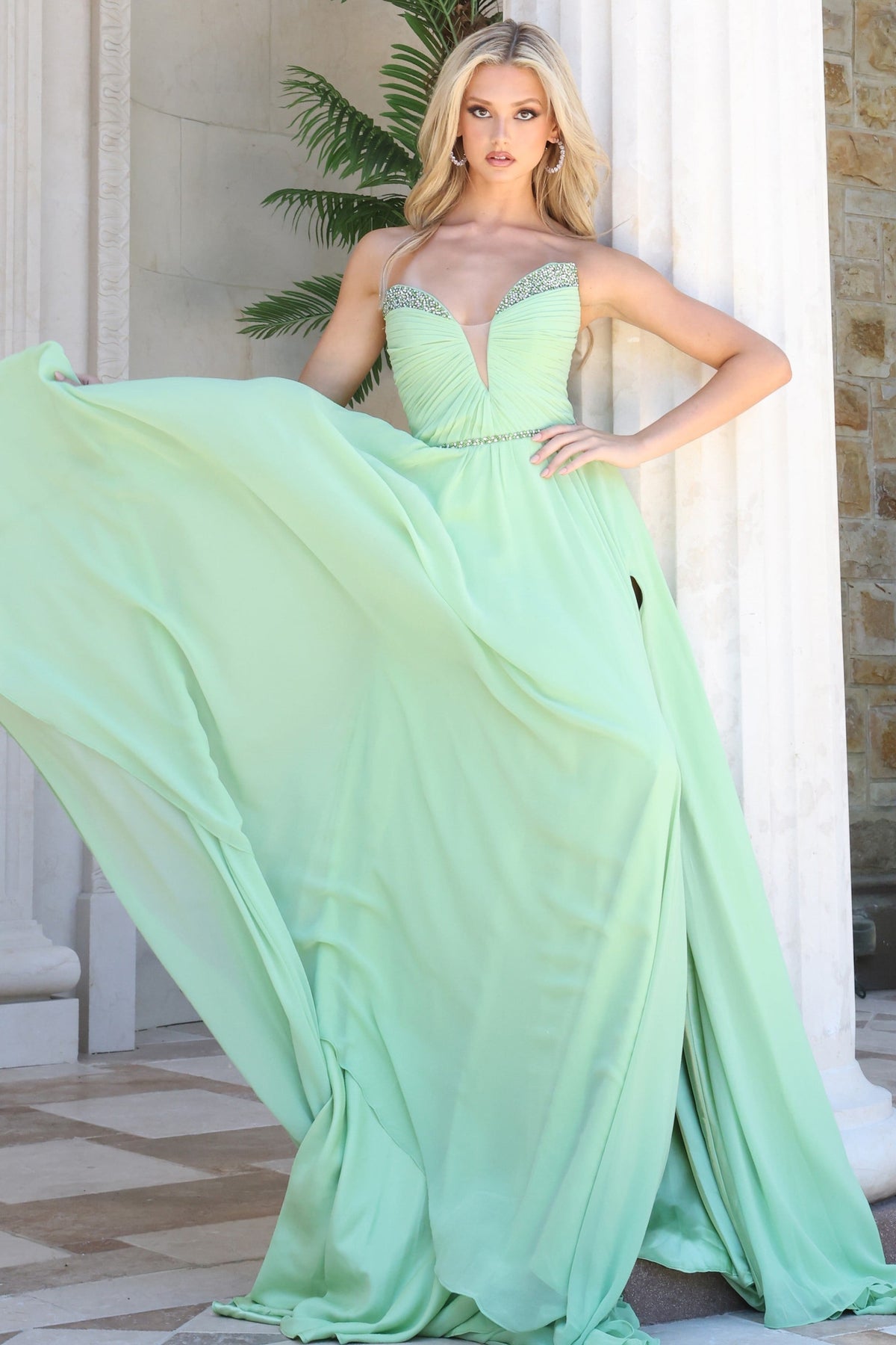 Jovani 49536 Strapless Chiffon A-Line Gown with Crystal Detail