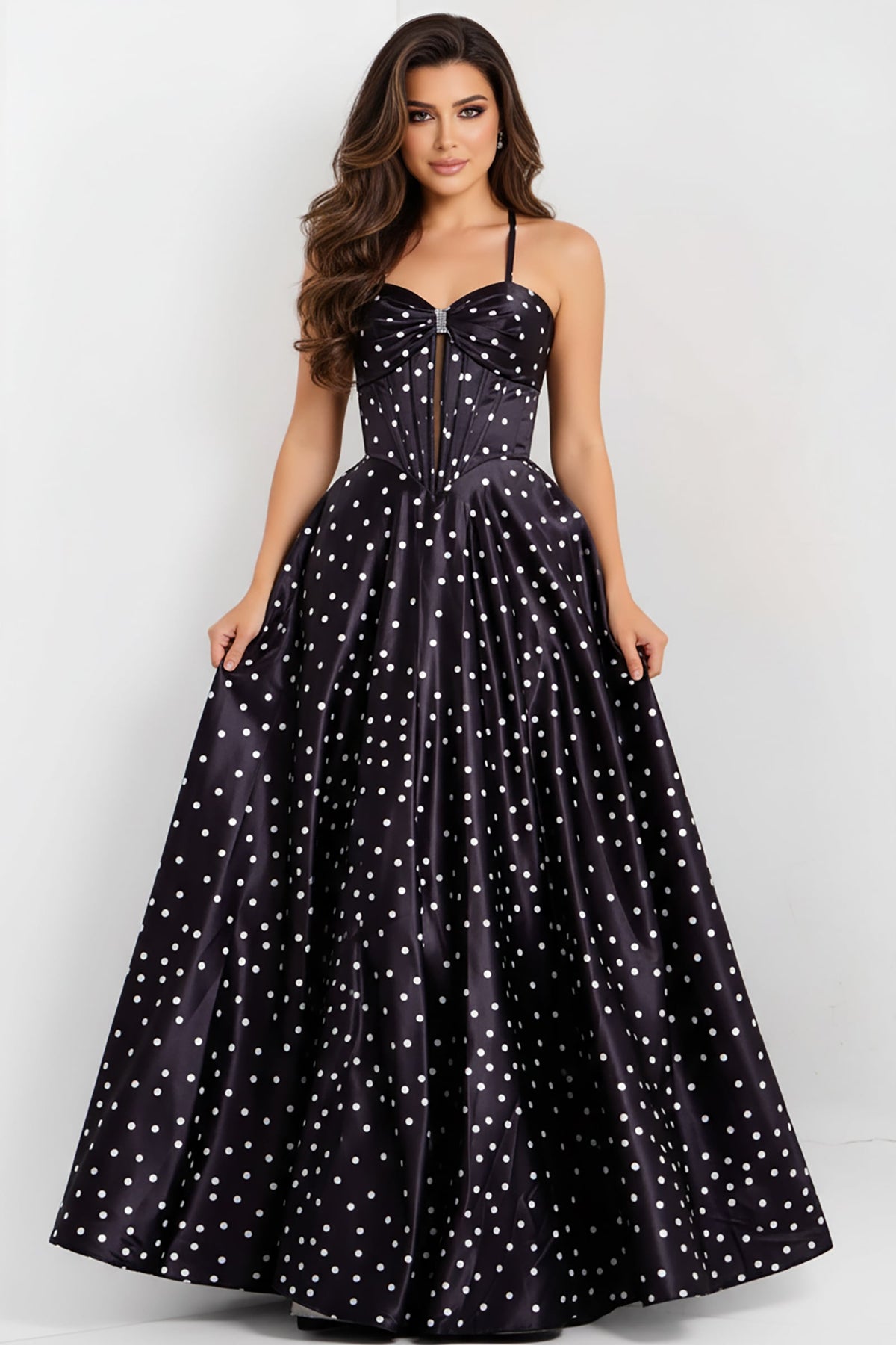 Jovani 49774 Polka Dot A-Line Gown with Lace Up Back