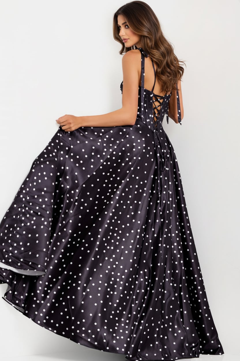 Jovani 49774 Polka Dot A-Line Gown with Lace Up Back