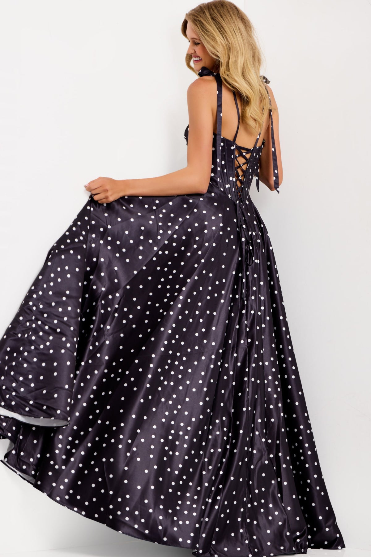 Jovani 49774 Polka Dot A-Line Gown with Lace Up Back