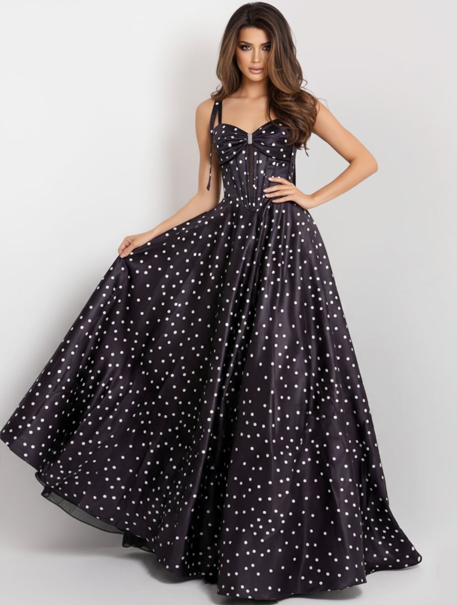 Jovani 49774 Polka Dot A-Line Gown with Lace Up Back