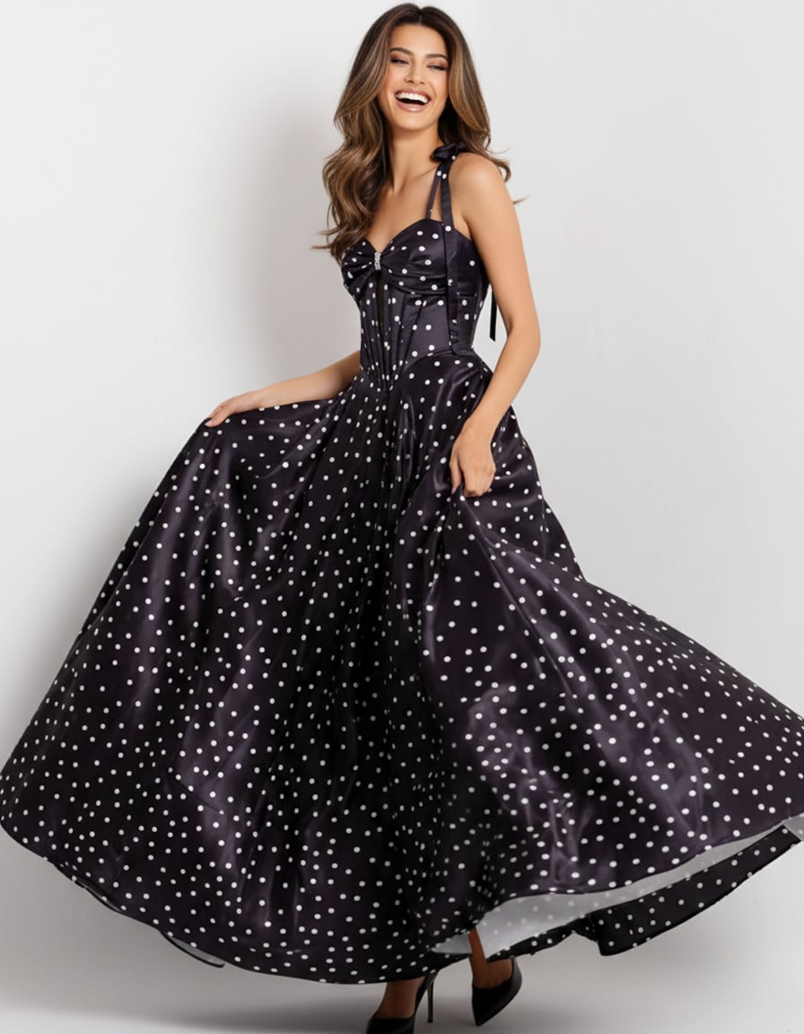 Jovani 49774 Polka Dot A-Line Gown with Lace Up Back