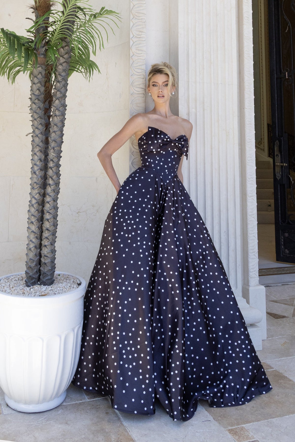 Jovani 49775 Polka Dot Strapless Dress With Bow