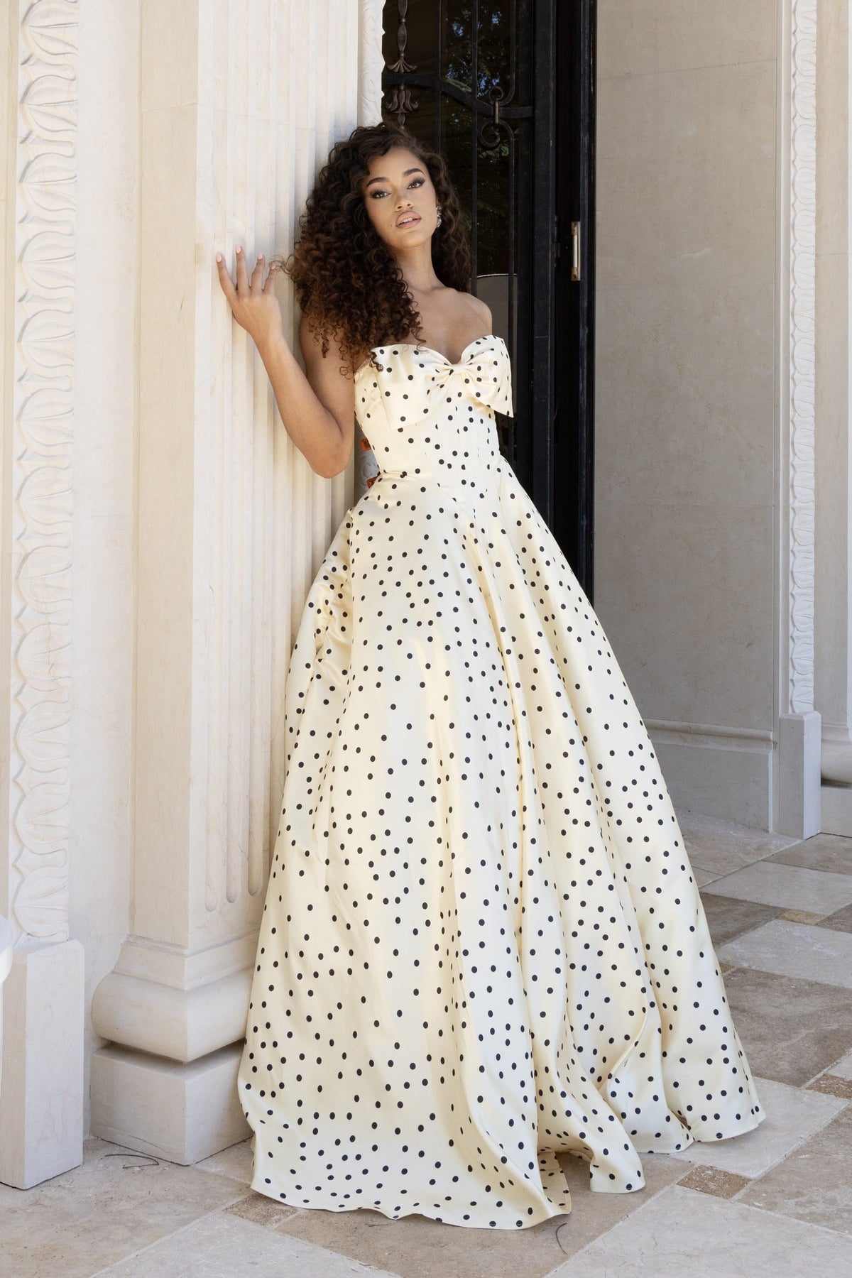 Jovani 49775 Polka Dot Strapless Dress With Bow