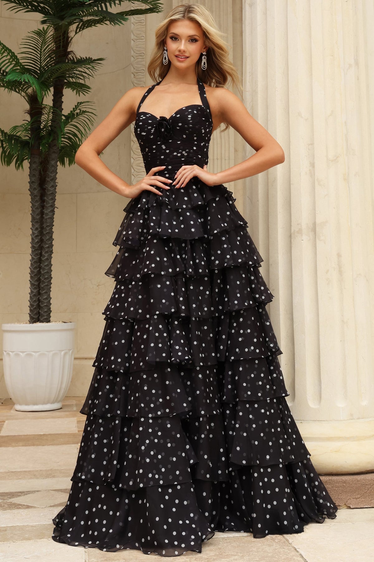 Jovani 49776 Polka Dot Halter Tiered Ruffle Gown