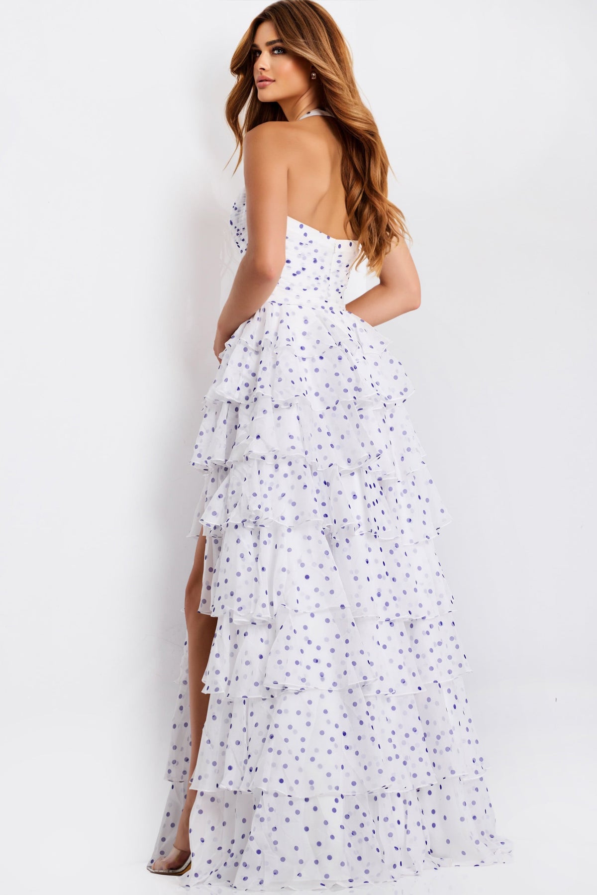 Jovani 49776 Polka Dot Halter Tiered Ruffle Gown