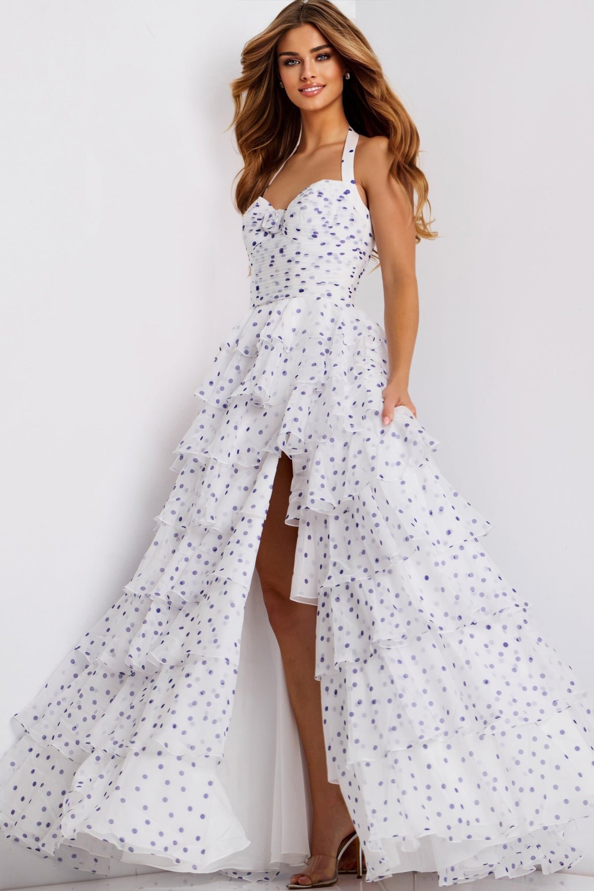 Jovani 49776 Polka Dot Halter Tiered Ruffle Gown