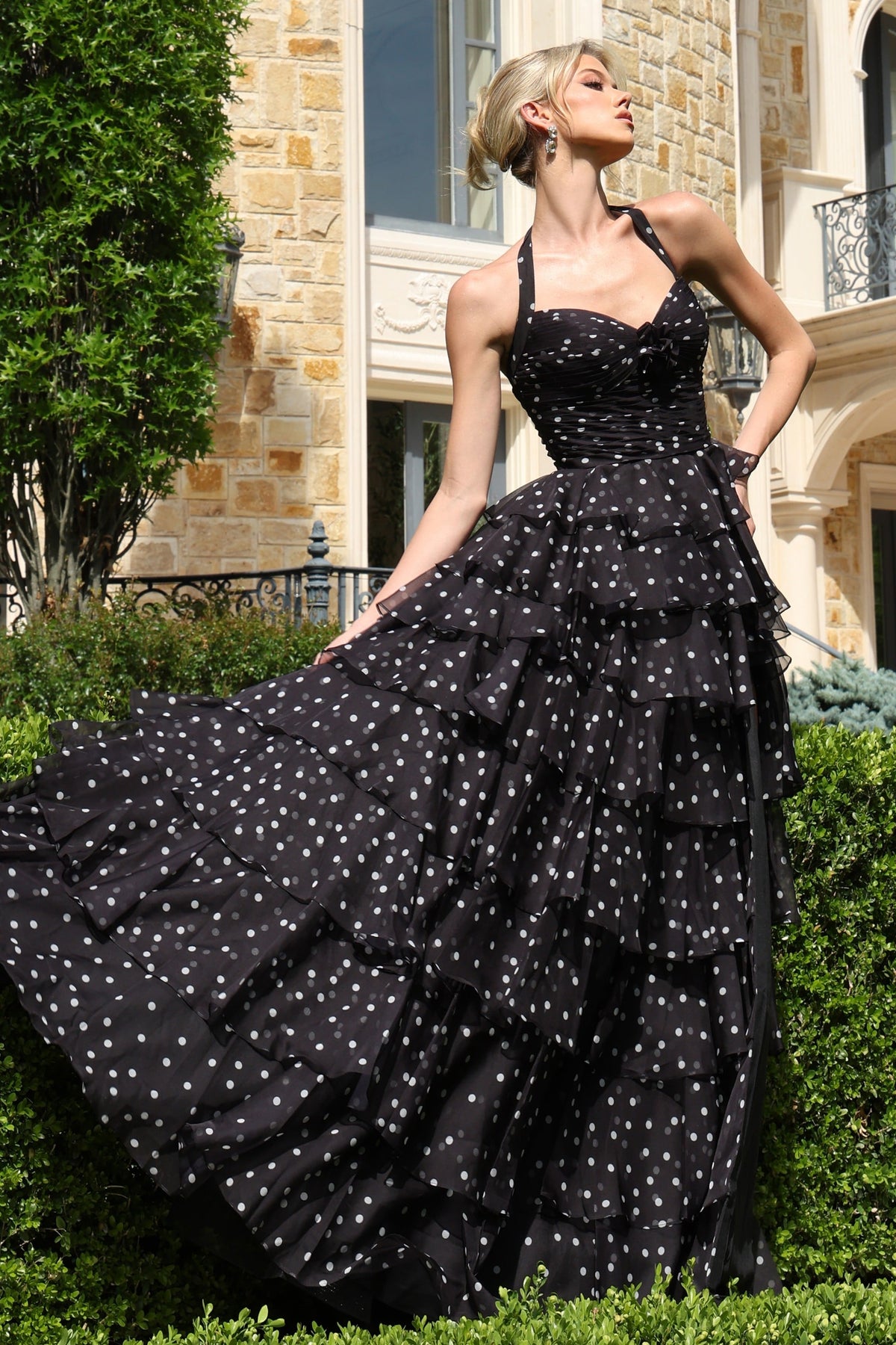 Jovani 49776 Polka Dot Halter Tiered Ruffle Gown