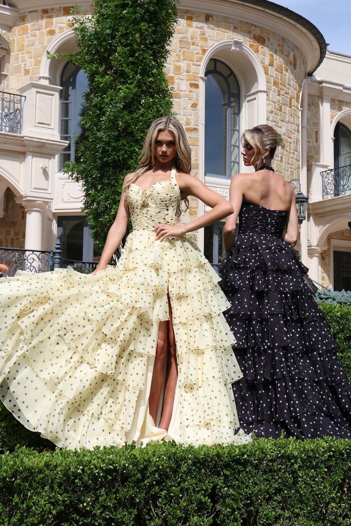 Jovani 49776 Polka Dot Halter Tiered Ruffle Gown