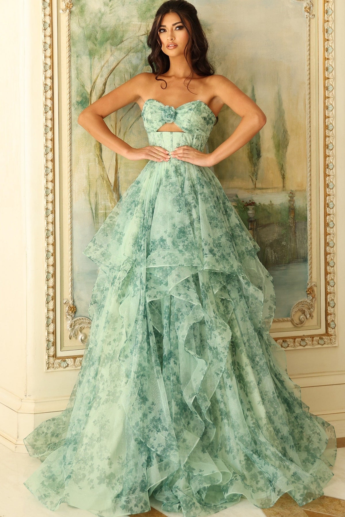 Jovani 49777 Tiered Floral Gown With Sweetheart Cutout