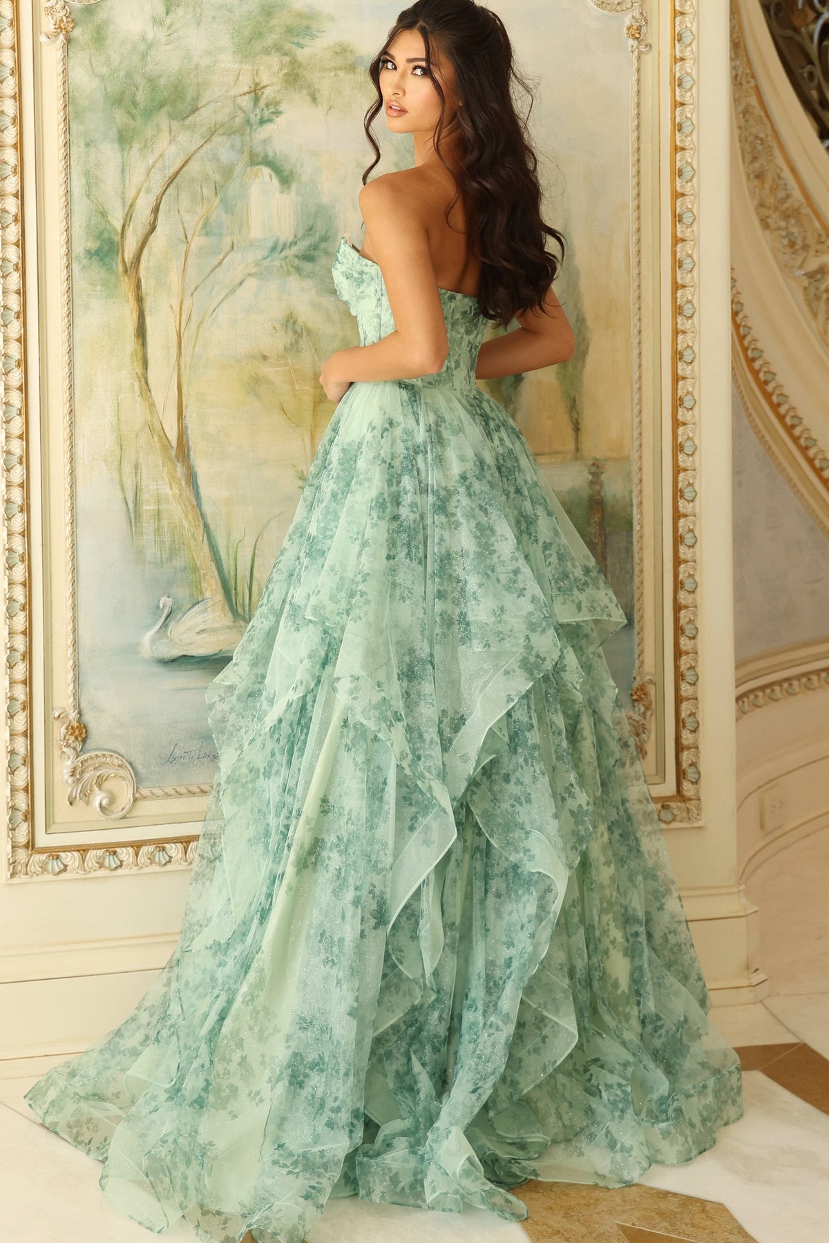 Jovani 49777 Tiered Floral Gown With Sweetheart Cutout