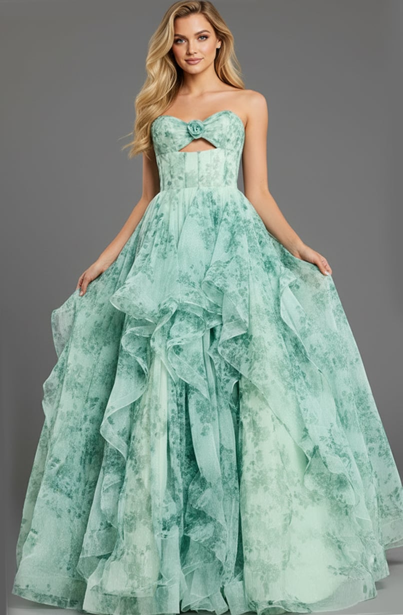 Jovani 49777 Tiered Floral Gown With Sweetheart Cutout