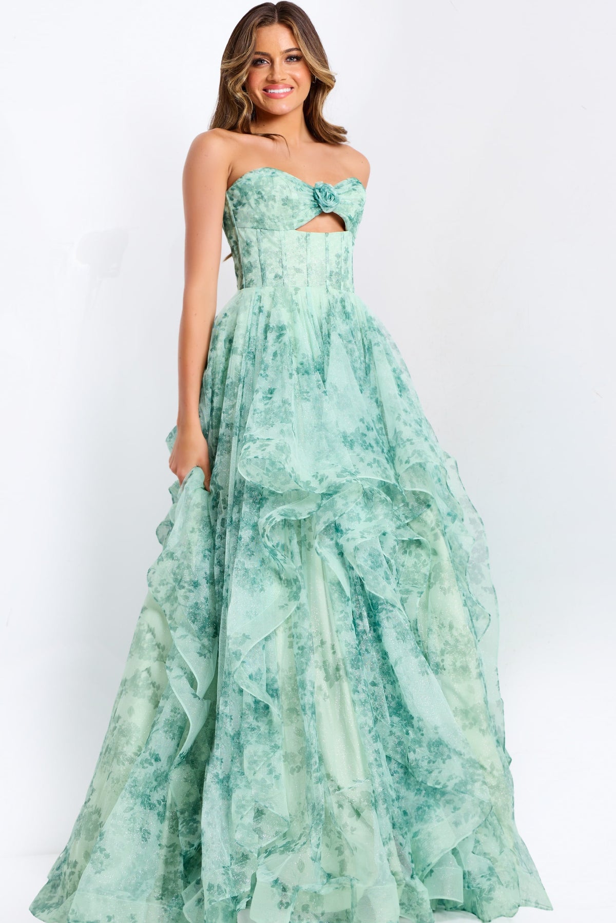 Jovani 49777 Tiered Floral Gown With Sweetheart Cutout