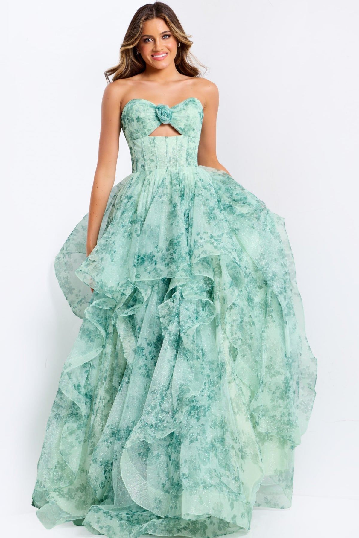 Jovani 49777 Tiered Floral Gown With Sweetheart Cutout