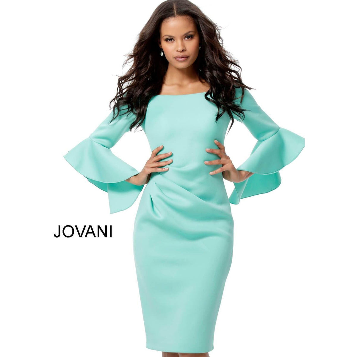 Jovani Cocktail Dress Jovani 59992  Scuba Bell Sleeve Knee Length Dress