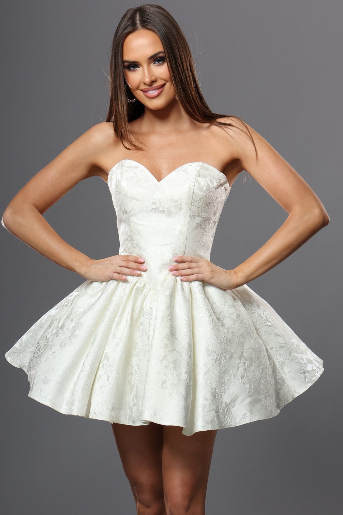 Jovani Cocktail Dress White Floral Jacquard Fit And Flare Mini Dress - Jovani 52228