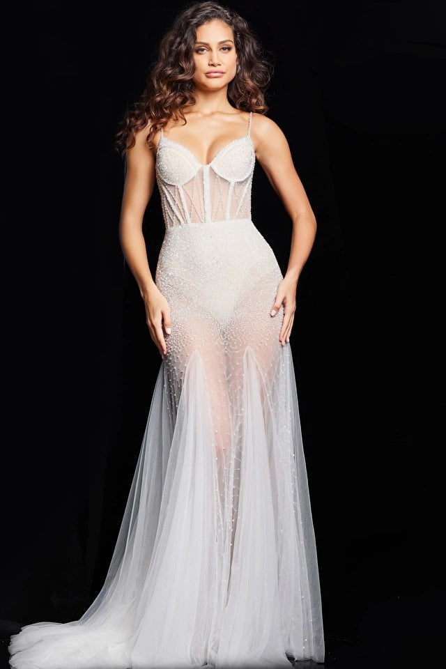 Jovani Couture Dress Jovani 36511 Beaded Sheer Bodice White Dress