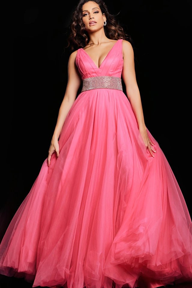 Jovani Couture Gown Jovani 24564 Hot Pink Embellished Belt V Neck Ball Gown