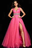 Jovani Couture Gown Jovani 24564 Hot Pink Embellished Belt V Neck Ball Gown