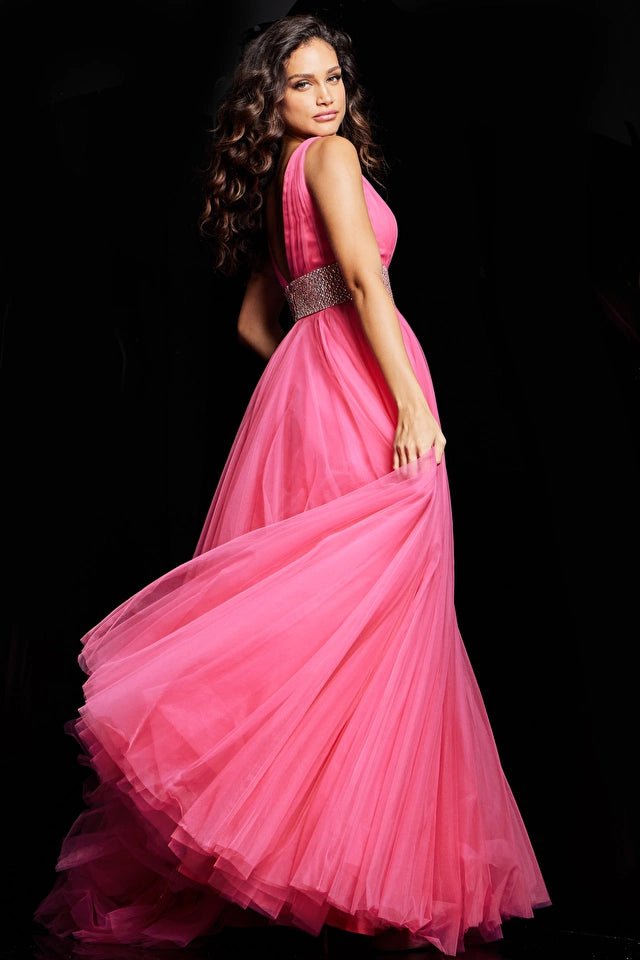 Jovani Couture Gown Jovani 24564 Hot Pink Embellished Belt V Neck Ball Gown