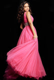 Jovani Couture Gown Jovani 24564 Hot Pink Embellished Belt V Neck Ball Gown