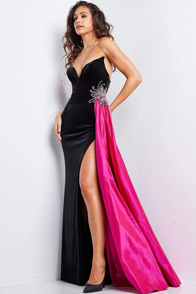 Jovani Couture Gown Jovani 26117 Black Fuchsia Strapless Velvet Gown
