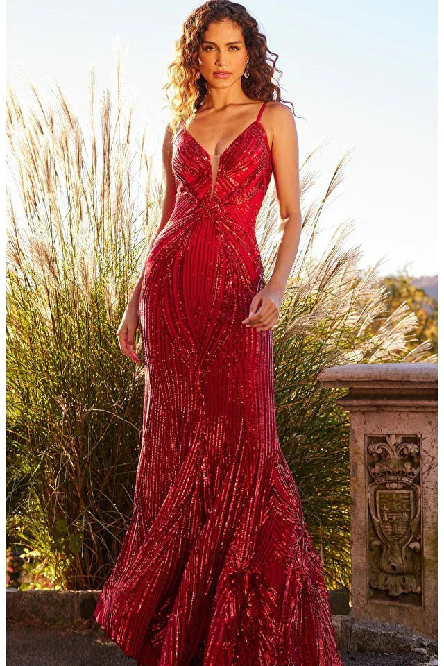 Jovani Dress Jovani 09693 Hot Pink Plunging neck Embellished Prom Dress
