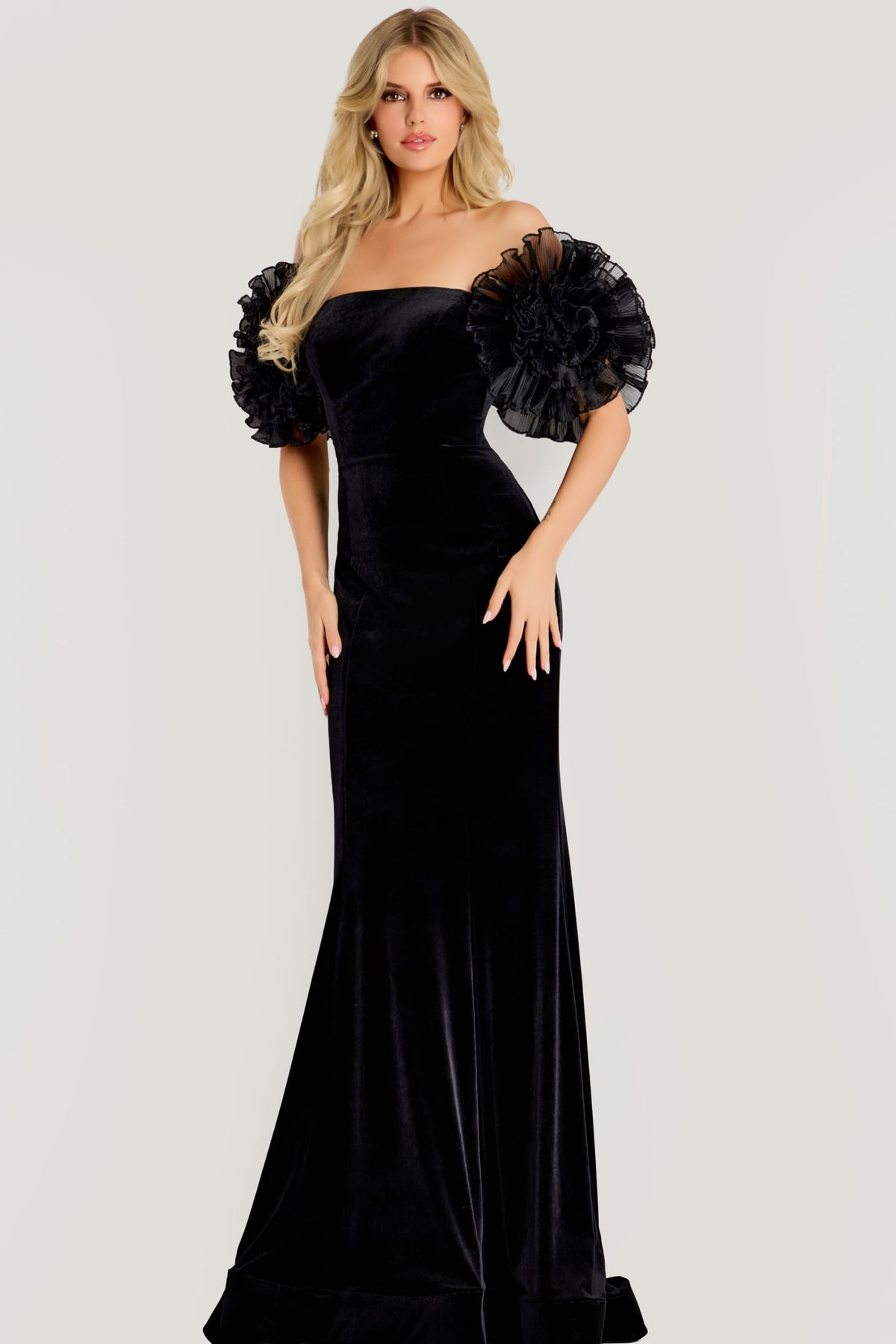 Jovani Evening Dress 00 / Black/Black Jovani 50216 Velvet Gown With Ruffled Puff Sleeves