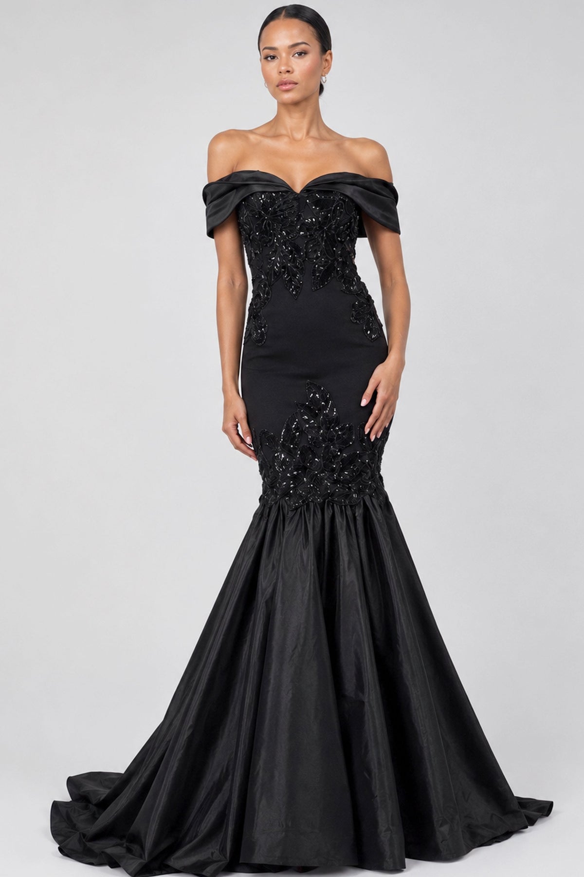 Jovani Evening Dress 00 / Black Jovani 50209 Off Shoulder Beaded Appliqué Mermaid Evening Gown