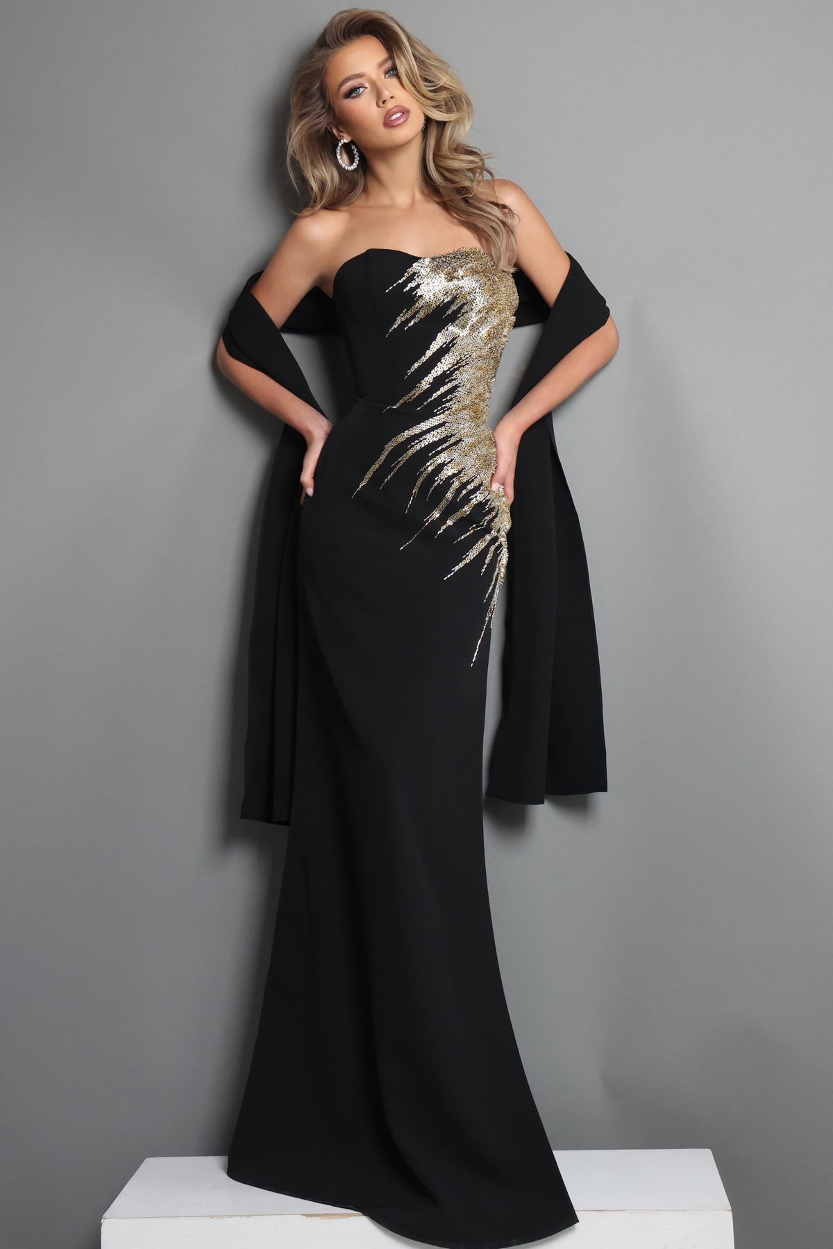 Jovani Evening Dress 00 / Black Jovani 51900 Strapless Gold Sequin Embroidery Mermaid Long Dress