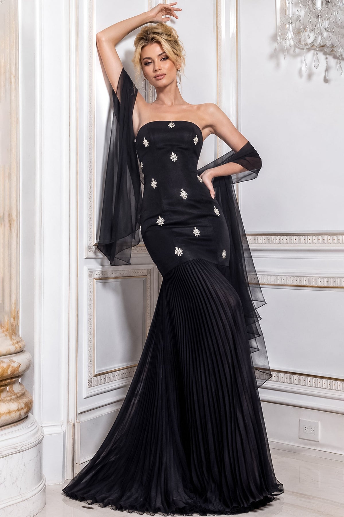 Jovani Evening Dress 00 / Black Jovani 51964 Strapless Beaded Pleated Skirt Column Gown