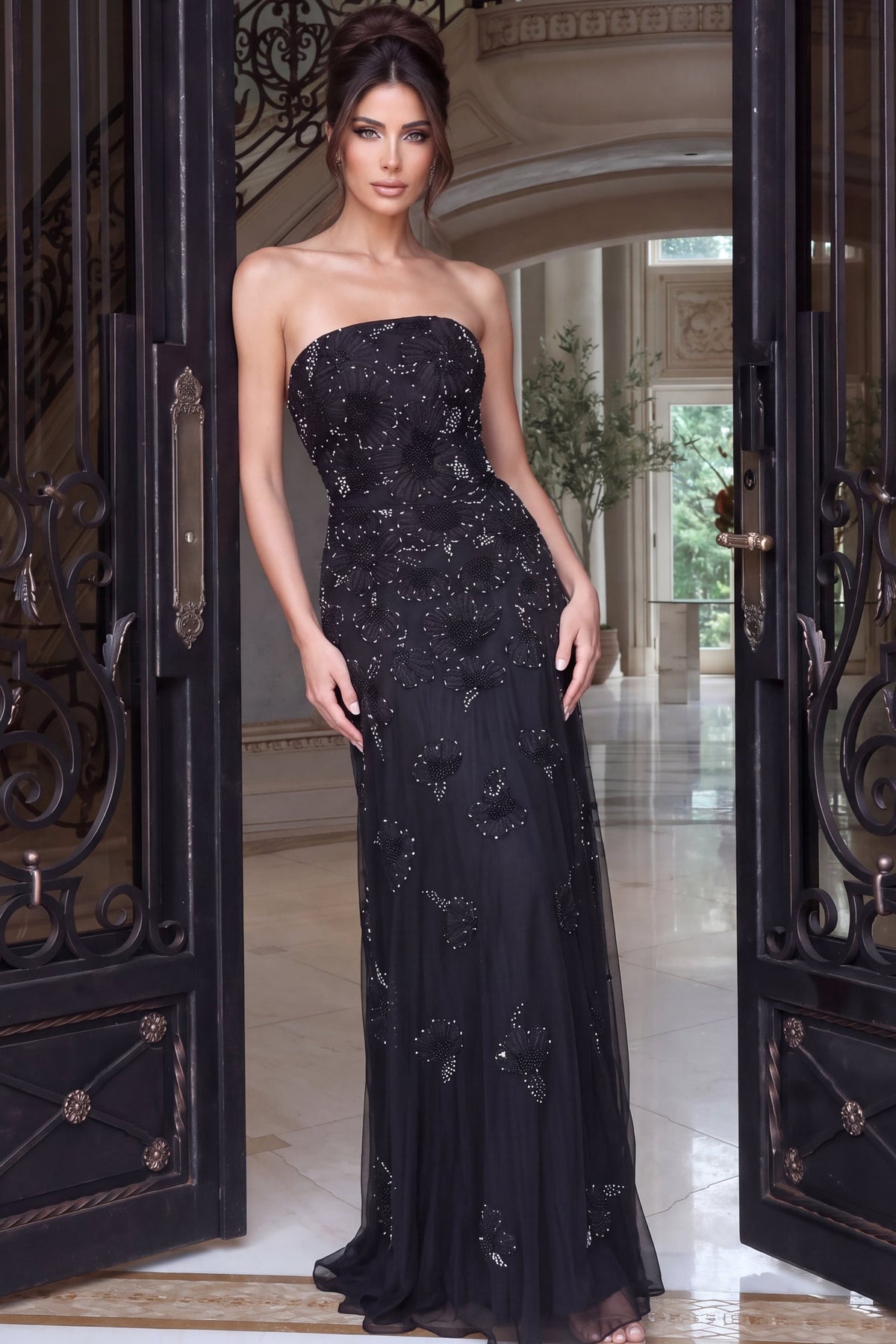 Jovani Evening Dress 00 / Black Jovani 52510 Beaded Floral Applique Strapless Tulle Gown