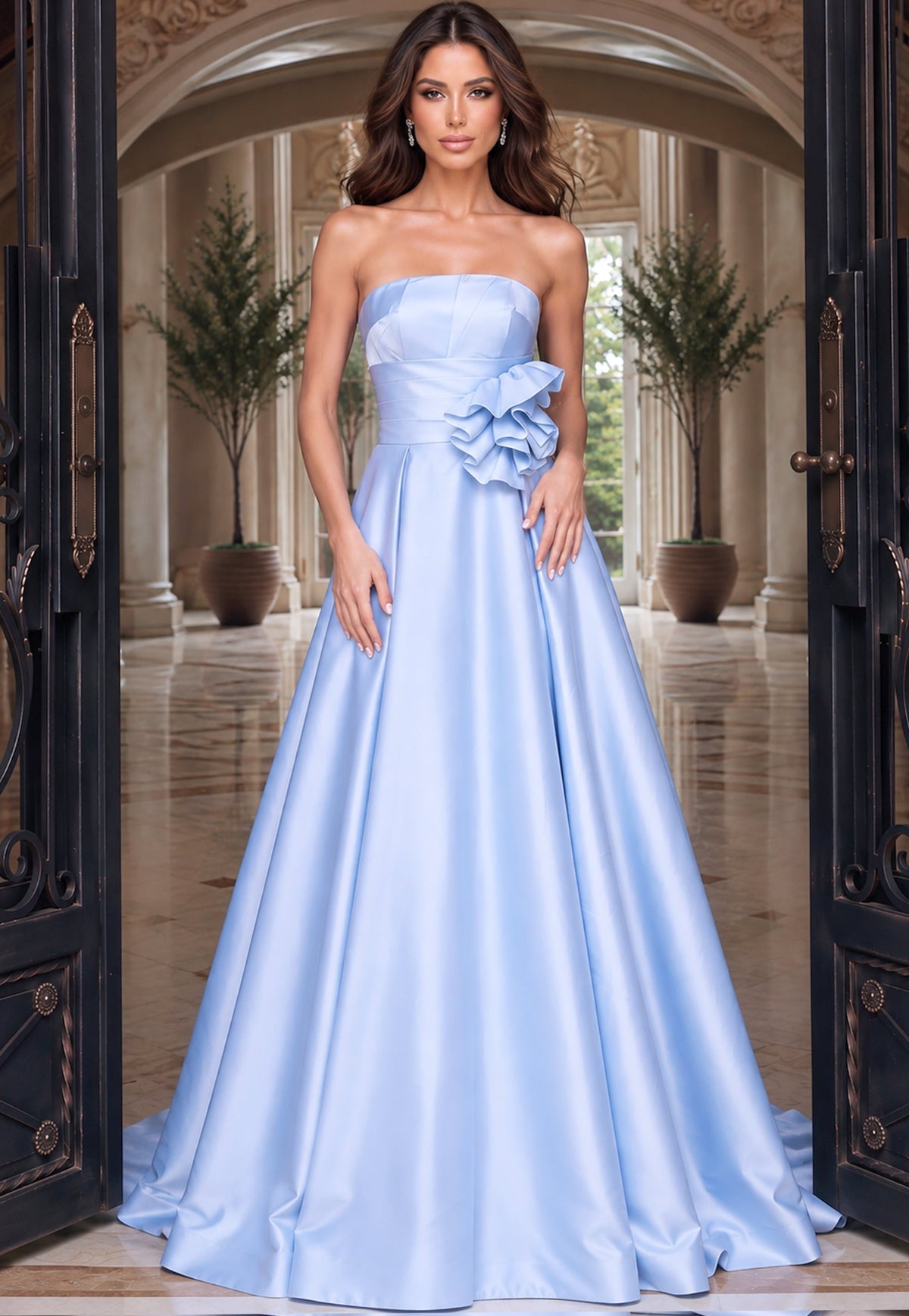 Jovani Evening Dress 00 / Black Jovani 55121 Strapless Ball Gown With Rosette Waist And Back Bow