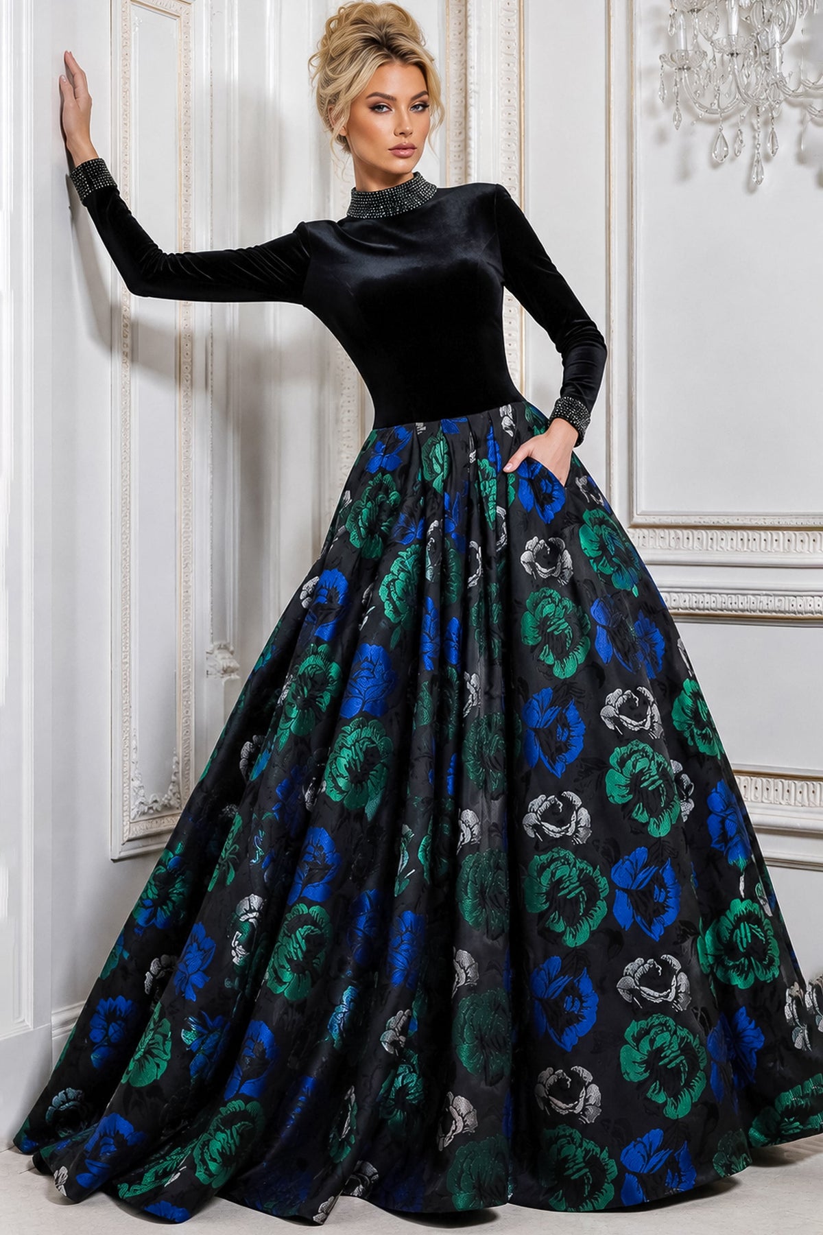 Jovani Evening Dress 00 / Black/Multi Jovani 51940 Mock Neck Beaded Cuffs A Line Gown
