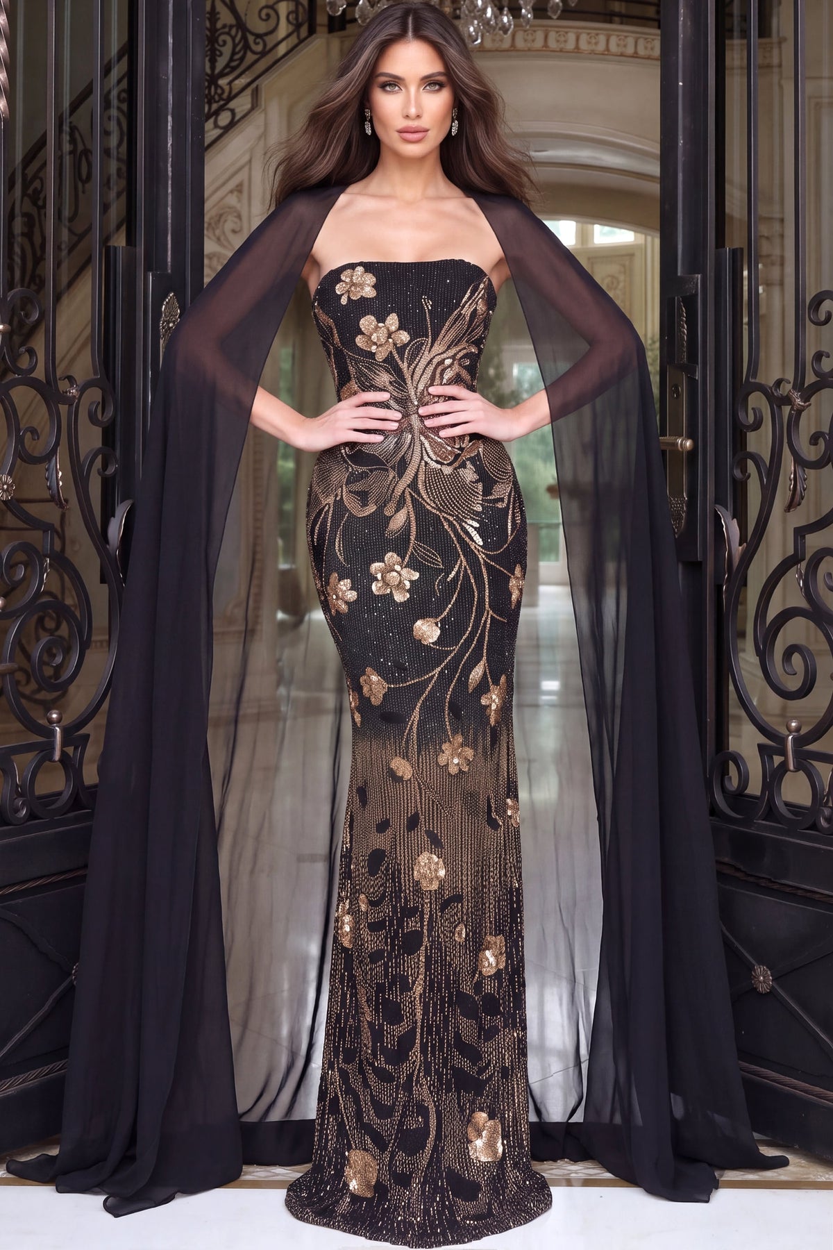 Jovani Evening Dress 00 / Black/Multi Jovani 55052 Strapless Sequin Floral Mermaid Gown