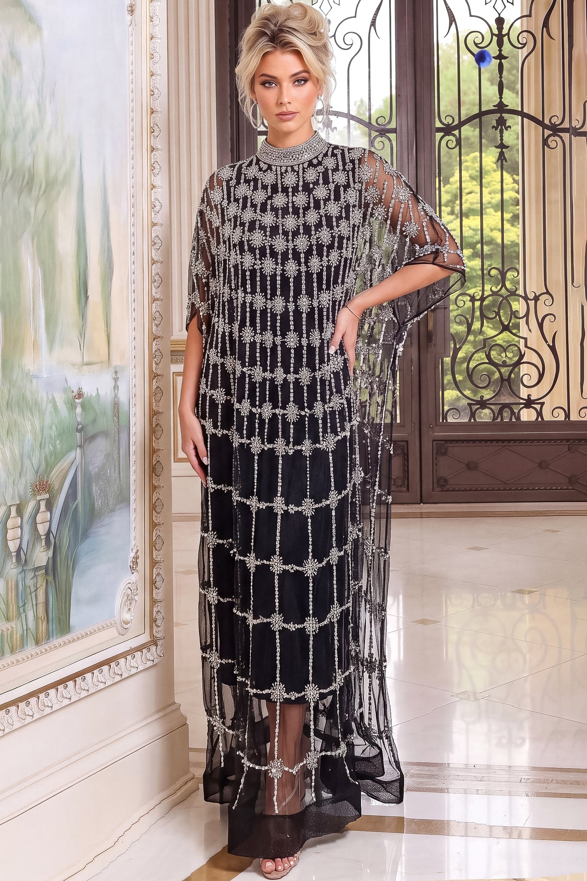 Jovani Evening Dress 00 / Black/Silver Jovani 52446 Black High Collar Beaded Kaftan Gown