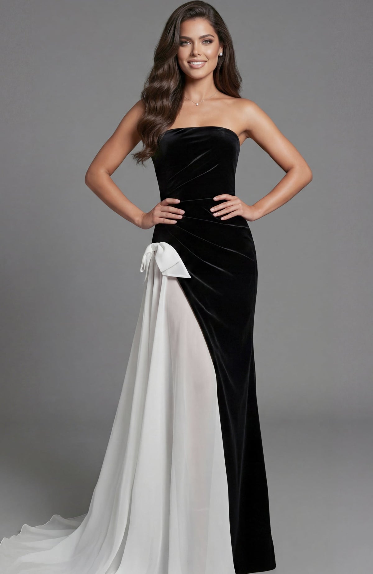 Jovani Evening Dress 00 / Black/White Jovani 50241 Strapless Velvet Gown With Contrast Drape