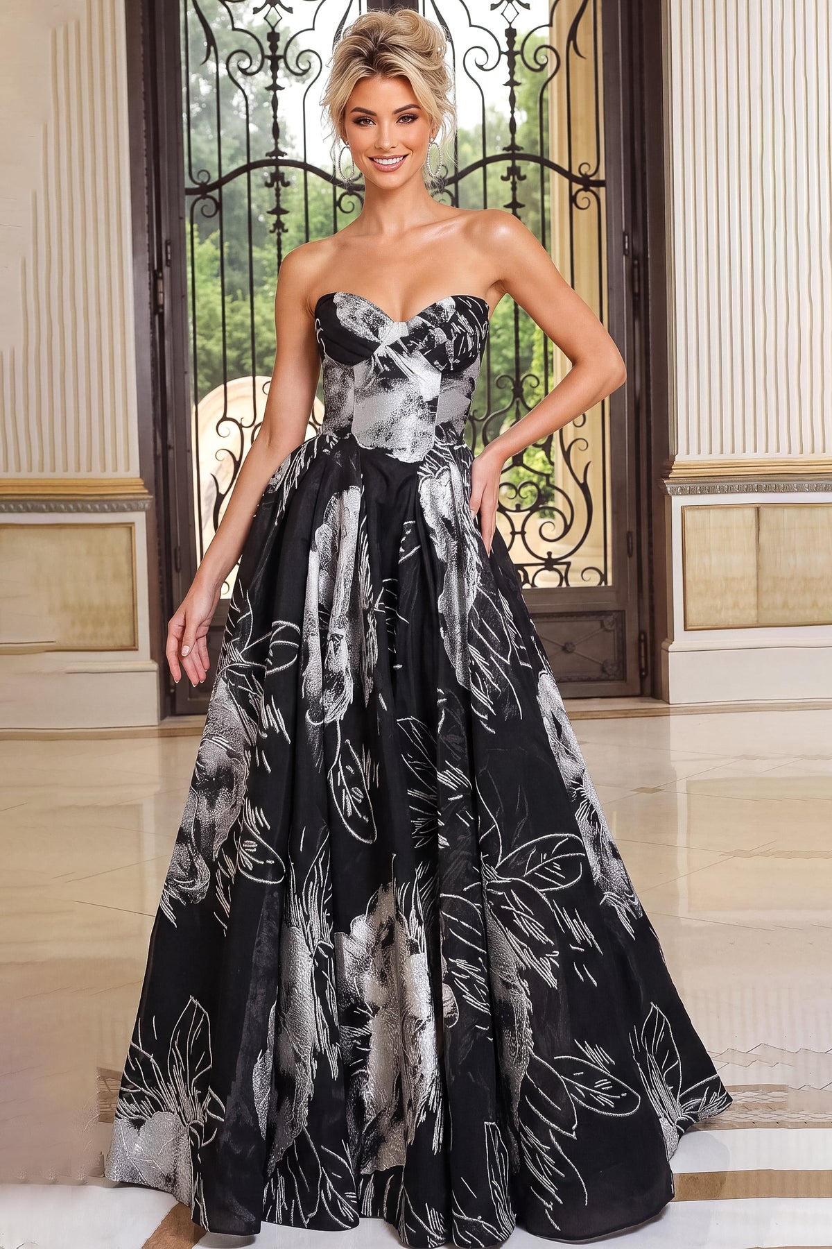 Jovani Evening Dress 00 / Black/White Jovani 53102 Floral Strapless Ruched Sweetheart Ball Gown