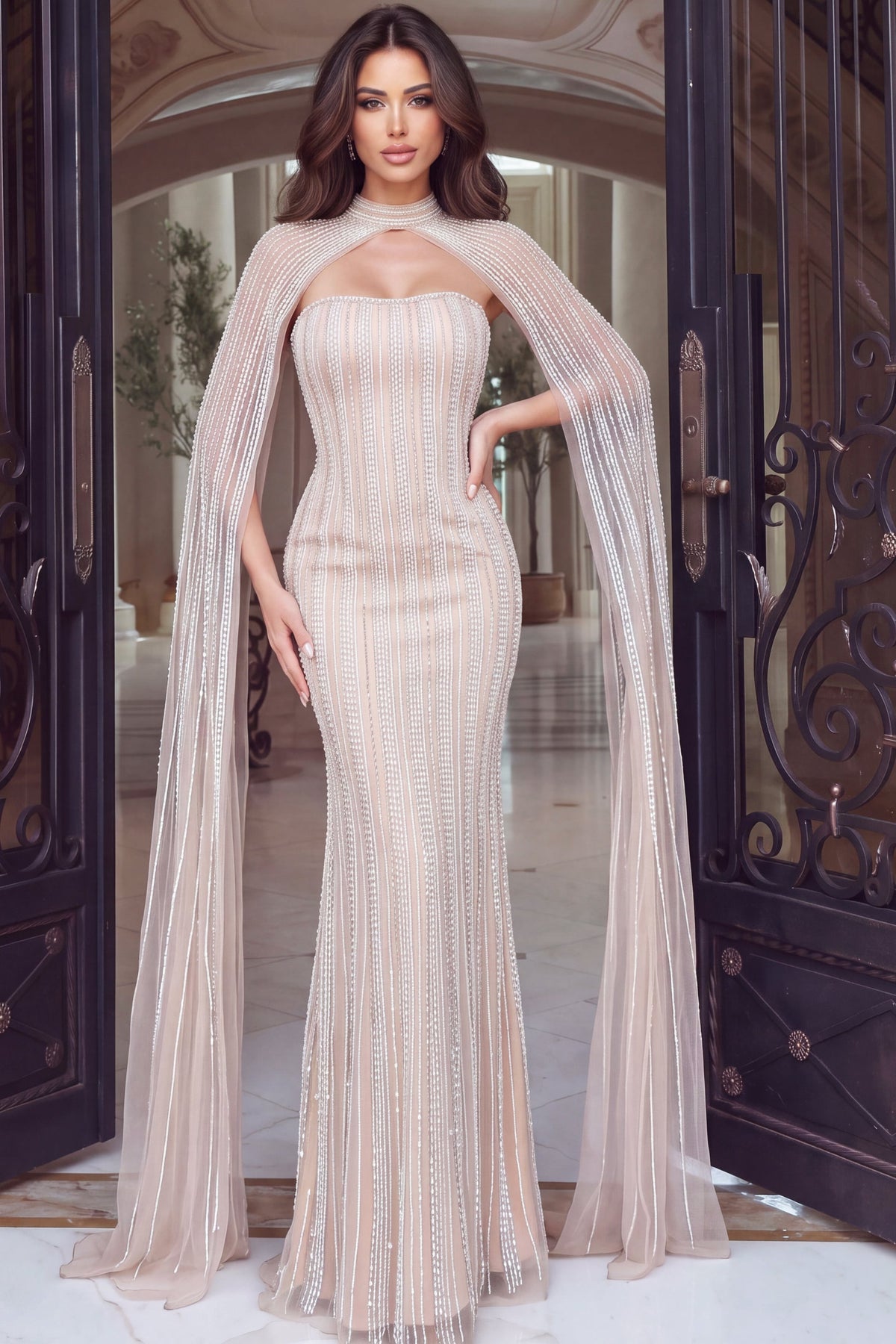 Jovani Evening Dress 00 / Blush Jovani 54079 Strapless Beaded Stripe Mermaid Gown With Cape Sleeves