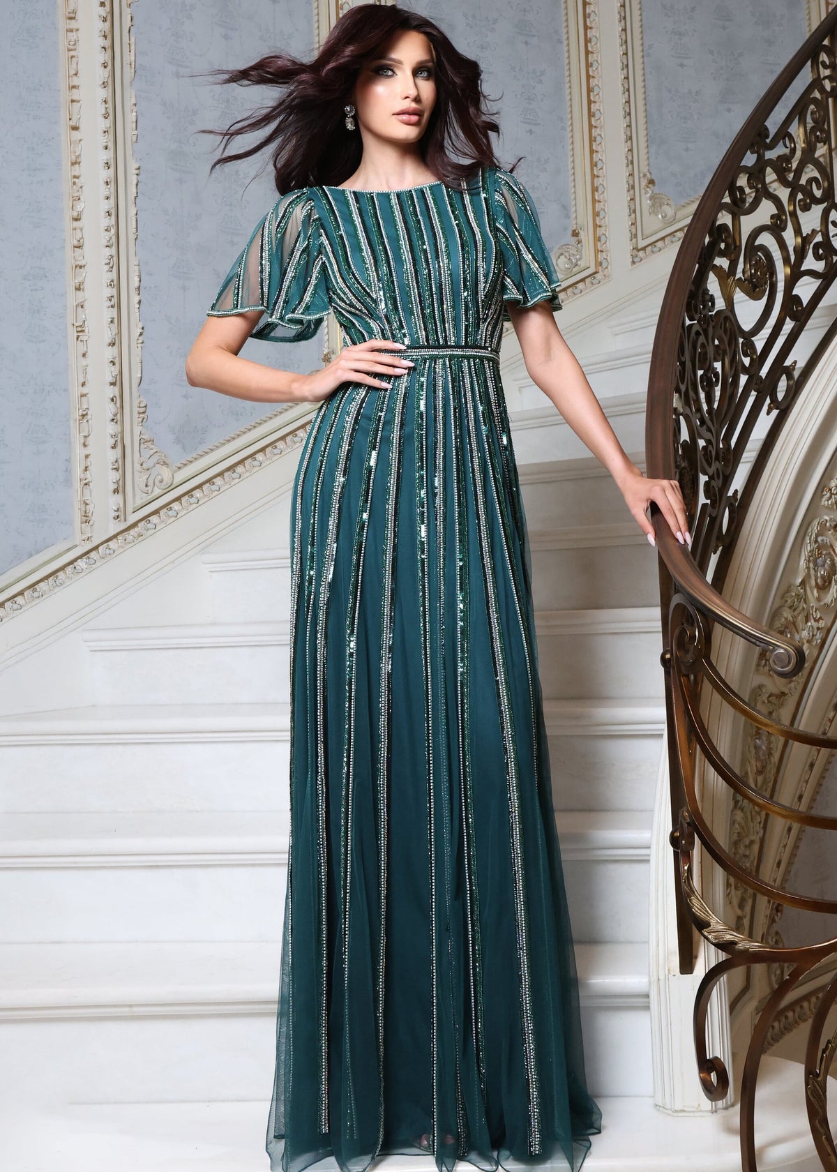 Jovani Evening Dress 00 / Dark Green Jovani 54083 Beaded Stripe Flutter Sleeve A Line Gown