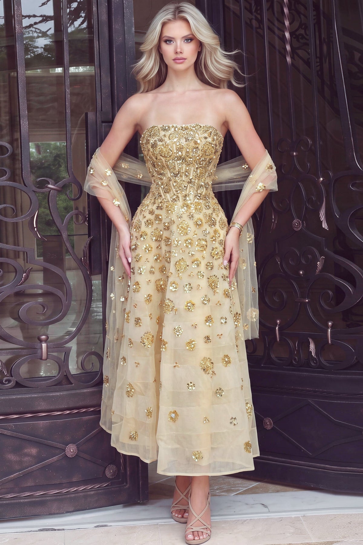 Jovani Evening Dress 00 / Gold Jovani 51616 Embellished Strapless A Line Evening Gown
