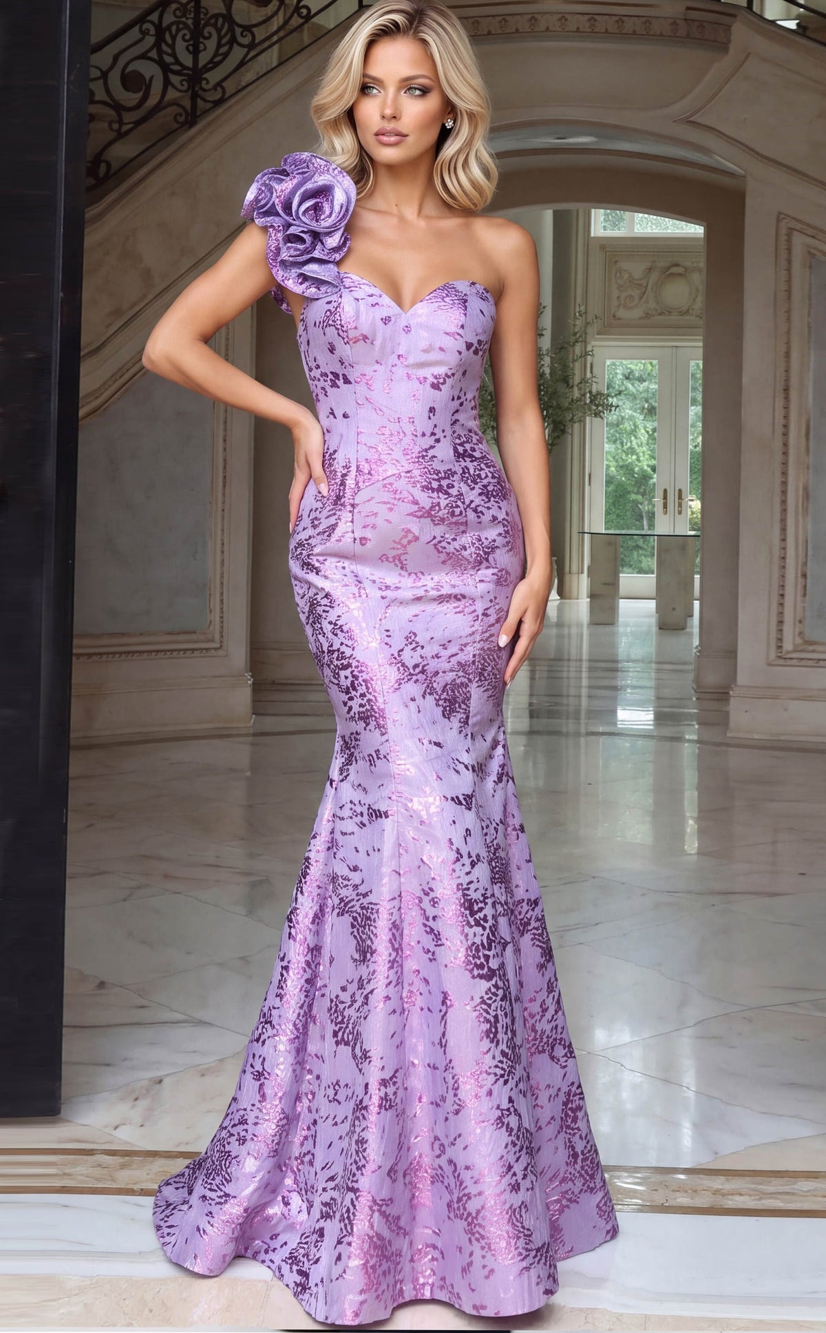 Jovani Evening Dress 00 / Lavender Jovani 53422 Sculpted Flower Shoulder Metallic Mermaid Gown