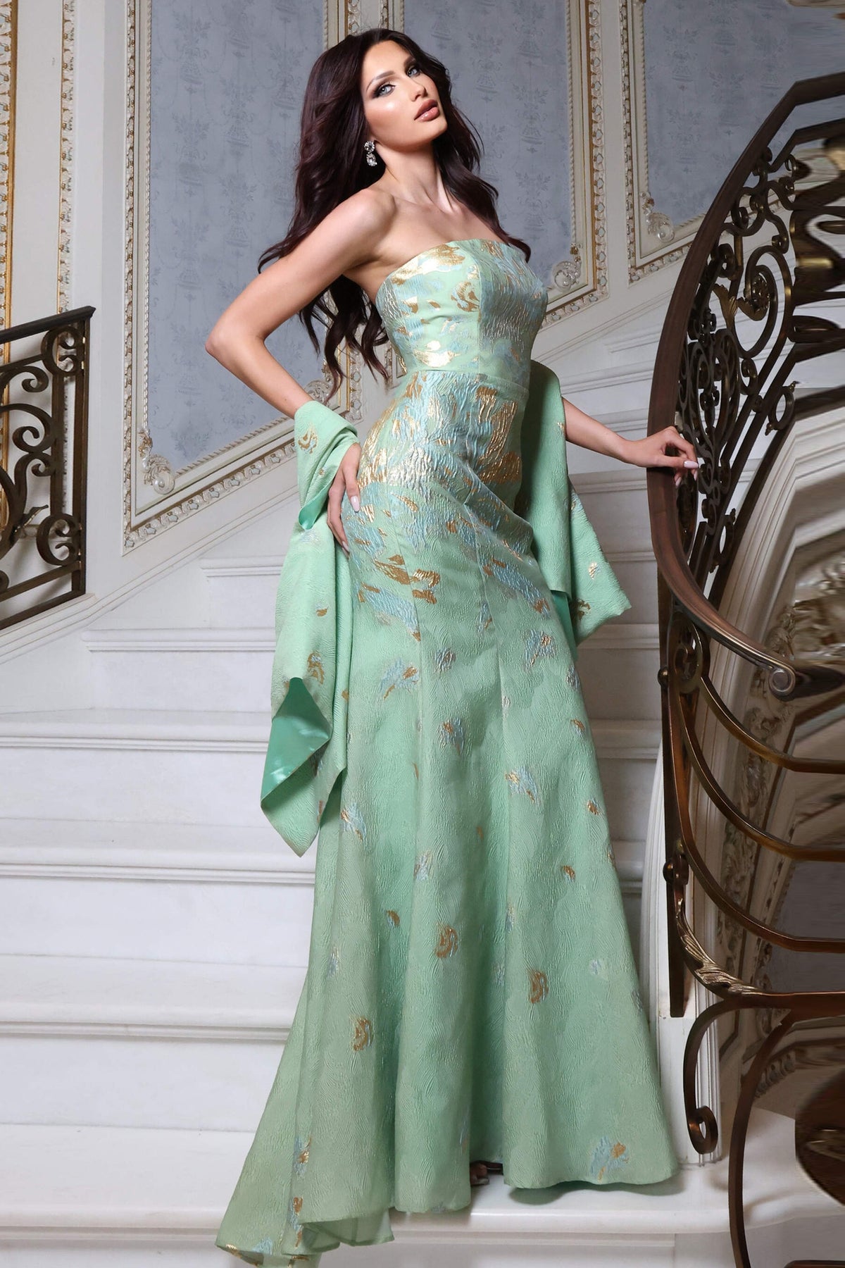 Jovani Evening Dress 00 / Mint Jovani 52667 Metallic Brocade Strapless Gown