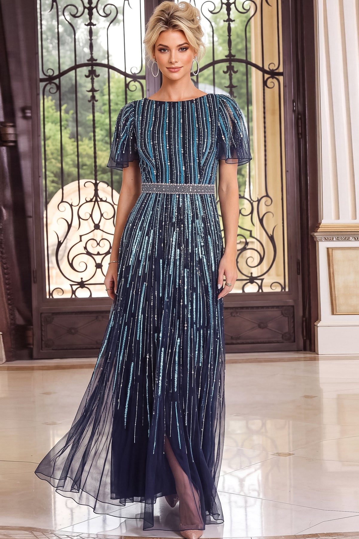 Jovani Evening Dress 00 / Navy/Blue Jovani 52501 Boat Neck Beaded Stripes Column Gown