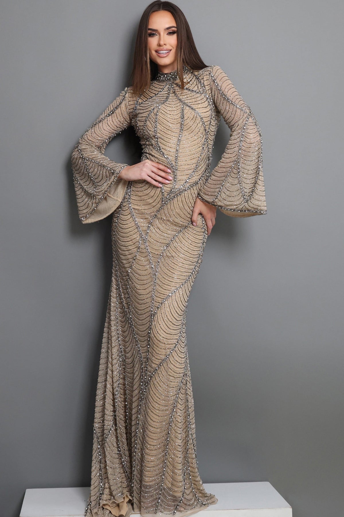 Jovani Evening Dress 00 / Nude/Silver Jovani 52447 Bell Sleeve Beaded Pattern Sheath Dress