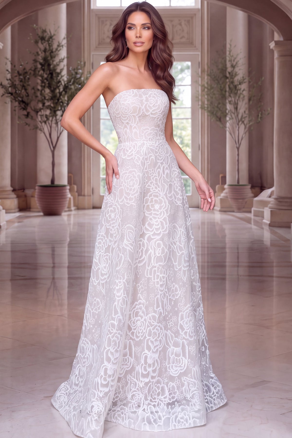 Jovani Evening Dress 00 / Off White Jovani 52364 Floral Embroidered Lace Strapless Ball Gown