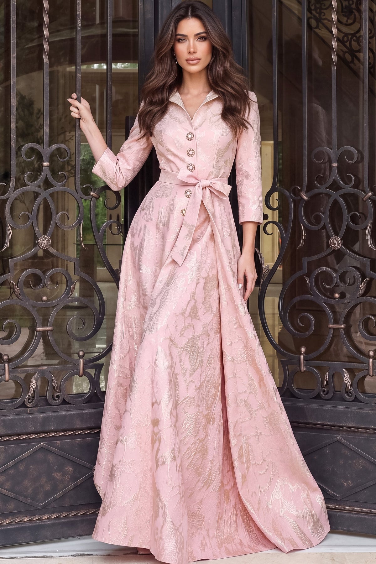 Jovani Evening Dress 00 / Pink/Gold Jovani 52090 Collared Brocade Shirt Gown With Crystal Buttons